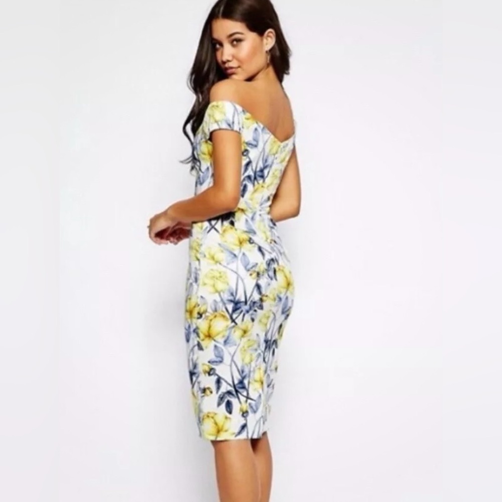 ASOS size 14 Bardot off the shoulder midi pencil white dress with floral print